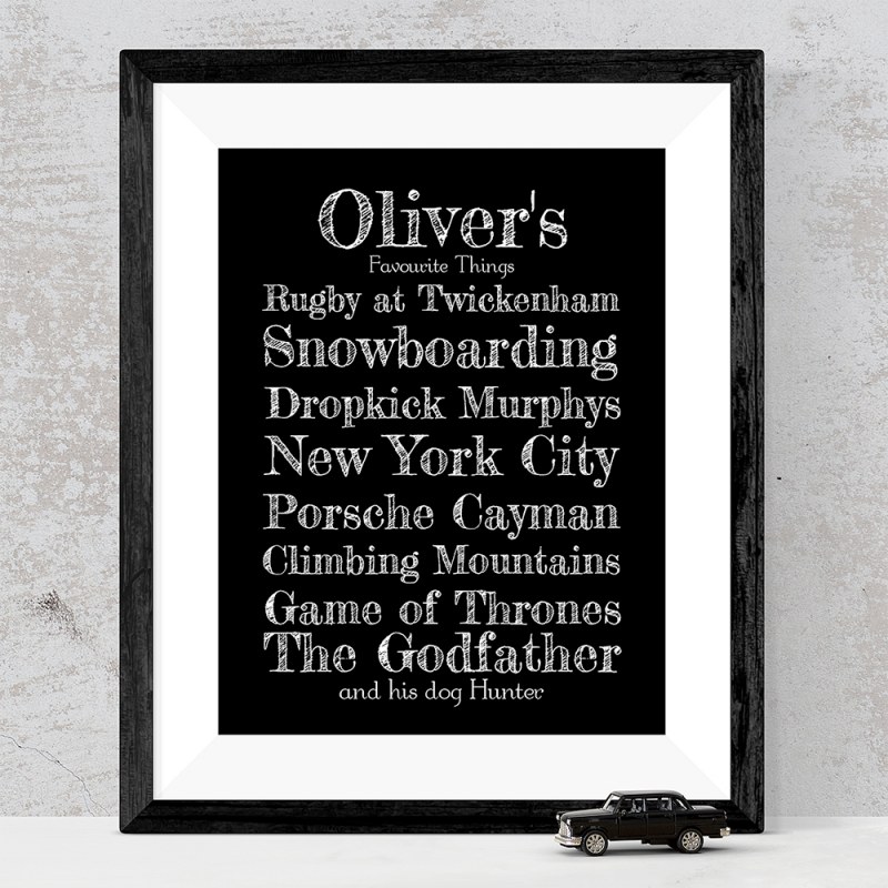 Hand drawn favourite things framed print with bespoke footer