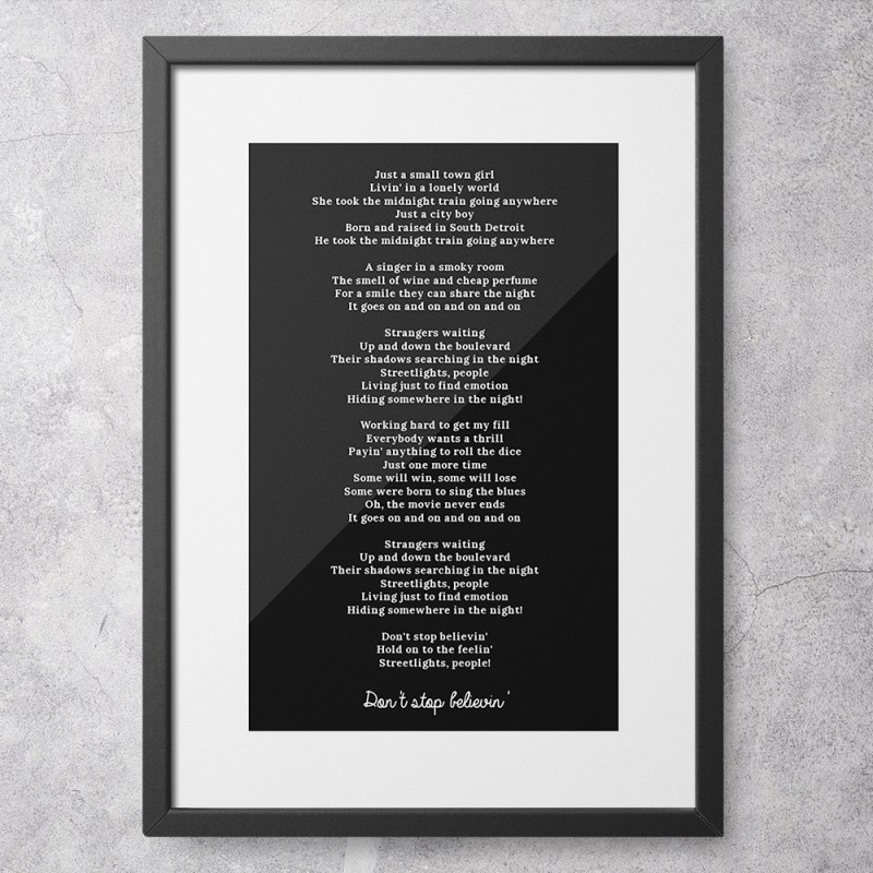 Personalised lyrics framed print - Don't Stop Believin'